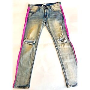 KDNK Skinny Fit Distressed Jeans Men's Size 38 Light Blue Pink Stripe Splatter